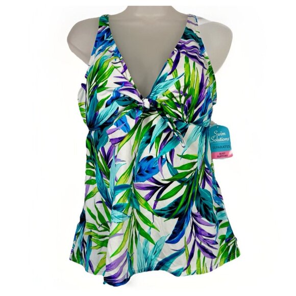 Swim Solutions Blue Palms Printed V-Neck Tankini Swimsuit Trapeze Top Size 12 - Picture 2 of 9